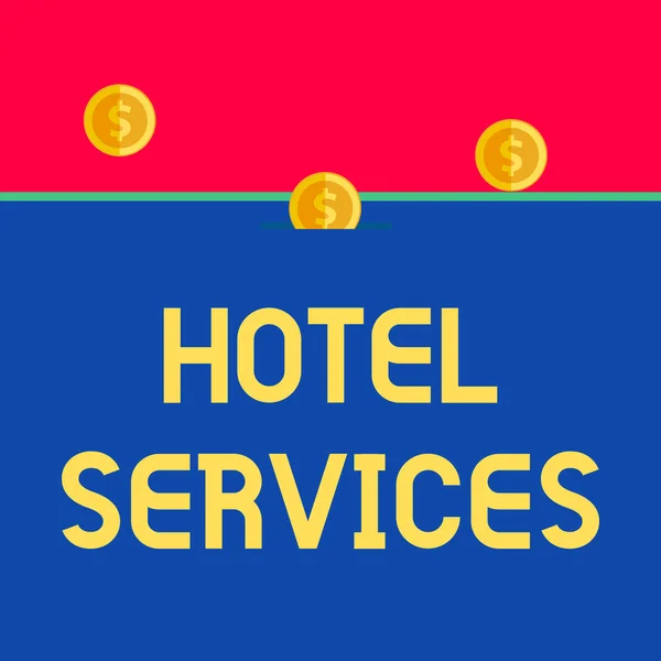 Ordskrivning text Hotel Services. Affärsidé för Faciliteter Faciliteter av boende och logi Front view close up three penny coins icon one entering collecting box slot. — Stockfoto