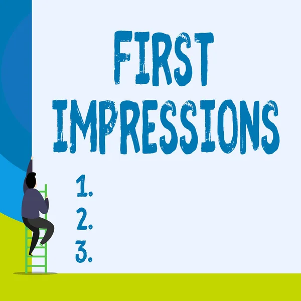Word writing text First Impressions. Business concept for What a demonstrating thinks of you when they first meet you Back view young man climbing up staircase ladder lying big blank rectangle.