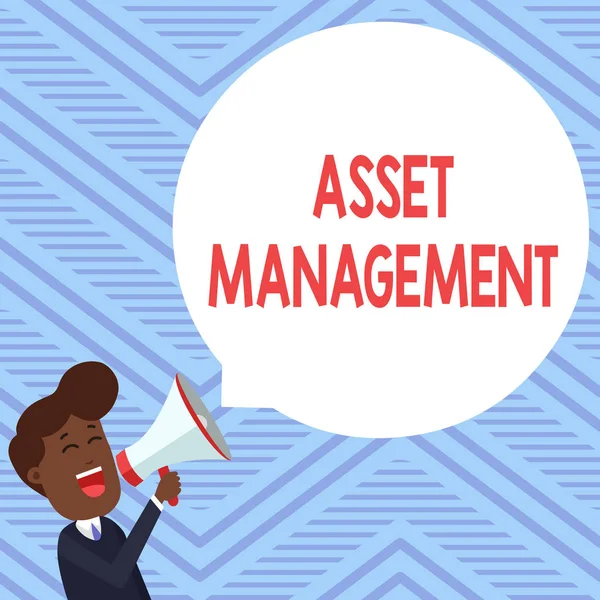 Word writing text Asset Management. Business concept for systematic process of operating and disposing of assets Young Man Shouting into Megaphone Floating Round Shape Empty Speech Bubble.