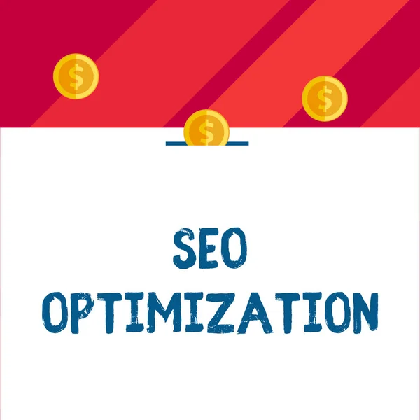 Schrijfbriefje met Seo Optimization. Zakelijke foto showcasing proces van invloed op de online zichtbaarheid van de website of pagina Vooraanzicht drie penny munten pictogram een invoeren van het verzamelen van vak slot. — Stockfoto