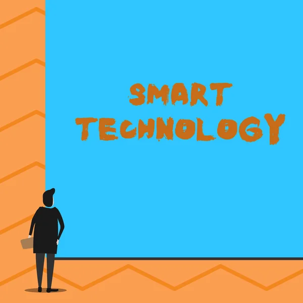 Text sign showing Smart Technology. Conceptual photo gadgets or device that has a built in computer or chip Man stands in back view in front of huge empty blank big rectangle board. — Stock Photo, Image