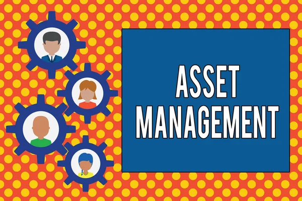 Text sign showing Asset Management. Conceptual photo systematic process of operating and disposing of assets Gearshaped picture frame family ornament mother father daughter son photo.