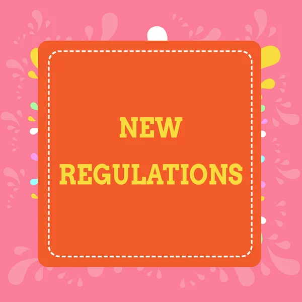 Writing note showing New Regulations. Business photo showcasing Regulation controlling the activity usually used by rules. Dashed Stipple Line Blank Square Colored Cutout Frame Bright Background. — ストック写真