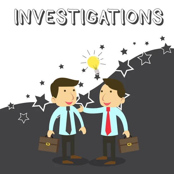 Word writing text Investigations. Business concept for The formal action or systematic examination about something Two White Businessmen Colleagues with Brief Cases Sharing Idea Solution. — 스톡 사진