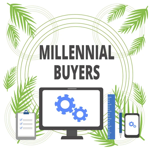 Handwriting text writing Millennial Buyers. Concept meaning Type of consumers that are interested in trending products Business Concept PC Monitor Mobile Device Clipboard Ruler Ballpoint Pen.