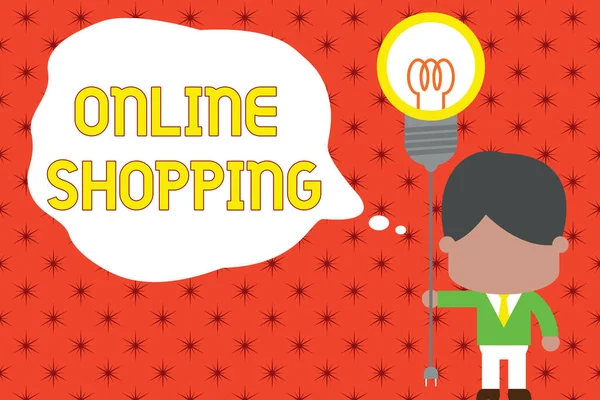 Parola di scrittura del testo Shopping online. Business concept per permette ai consumatori di acquistare le loro merci su Internet in piedi uomo cravatta presa presa lampadina per collegare l'idea. Avvio . — Foto Stock