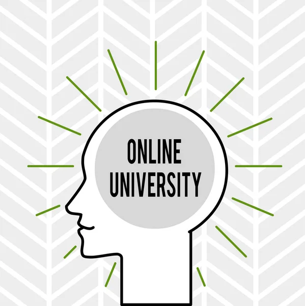 Почерк написания текста Online University. Концепция, означающая дистанционное обучение Курсы взяты через Интернет Очертания Силуэт человеческой головы Окруженный светом лучей пустое текстовое пространство . — стоковое фото