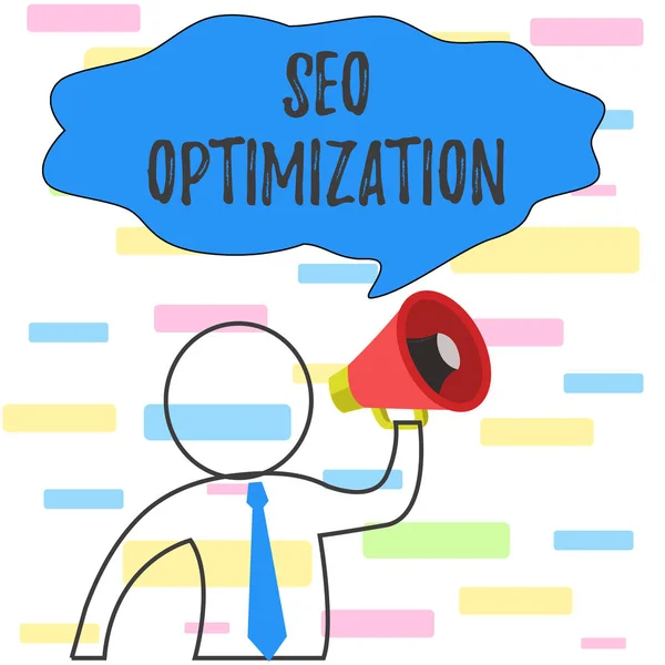 Writing note showing Seo Optimization. Business photo showcasing process of affecting online visibility of website or page Outline Symbol Man Loudspeaker Making Announcement Giving Instructions. — 스톡 사진