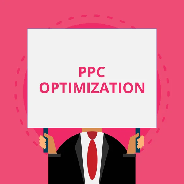 Tekst teken dat PPC-Optimalisatie weergeeft. Conceptuele foto verbetering van zoekmachine platform voor betalen per klik ouderwetse manier om mensen te kiezen op de luchthaven houd groot bord met twee handen. — Stockfoto