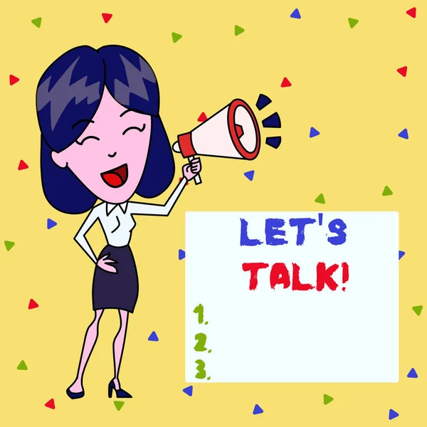 Signo de texto que muestra Let S Is Talk. Foto conceptual que sugiere en el comienzo de una conversación sobre el tema Mujer joven hablando en Blowhorn Volumen Icono Color Fondo Cuadro de texto . — Foto de Stock