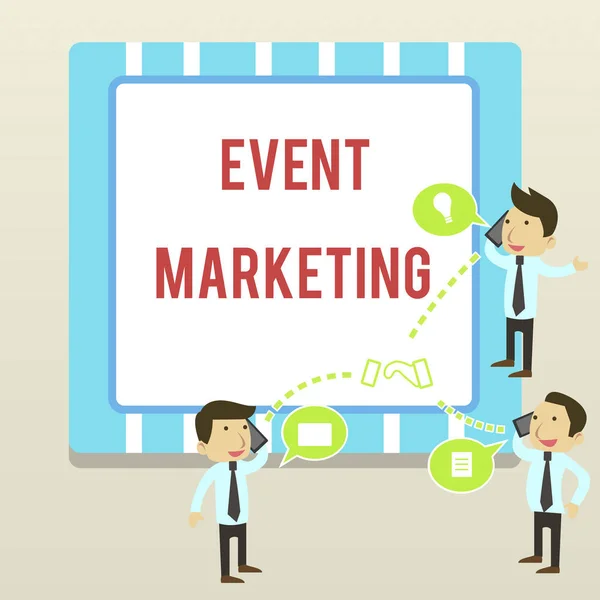 Word writing text Event Marketing. Business concept for describes process of developing display to promote product Businessmen Coworkers Conference Call Conversation Discussion Mobile Phones. — 스톡 사진