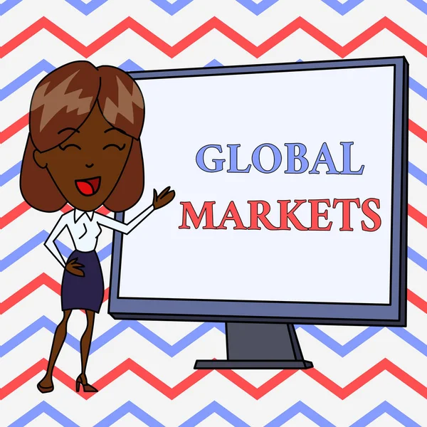 Küresel Piyasaları gösteren kavramsal el yazısı. İş fotoğraf metin Daimi İşaret Beyaz Tahta Sunumu nda dünyanın tüm ülkelerinde mal ve hizmet ticareti Beyaz Kadın. — Stok fotoğraf