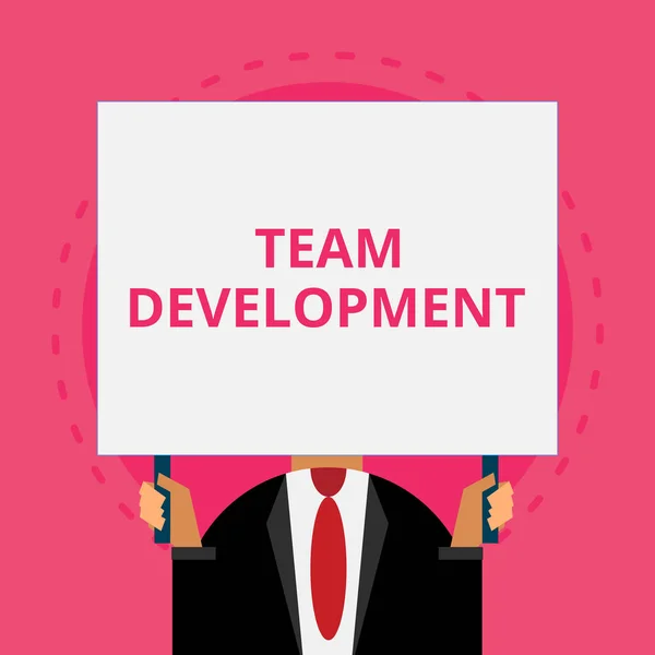 Text sign showing Team Development. Conceptual photo learn why and how small groups change over time with graphs Old fashioned way to pick people at airport hold big board with two hands. — Stock Photo, Image