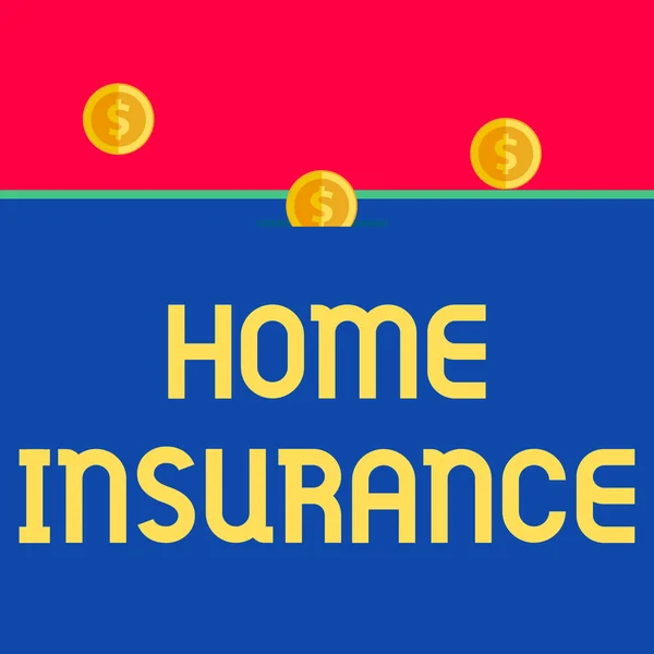 Написання тексту Home Insurance. Бізнес-концепція для обкладинок розхитує і пошкоджує, а на нещасних випадках в будинку Вид спереду крупним планом три копійки значок монети один вхід в коробку коробки . — стокове фото