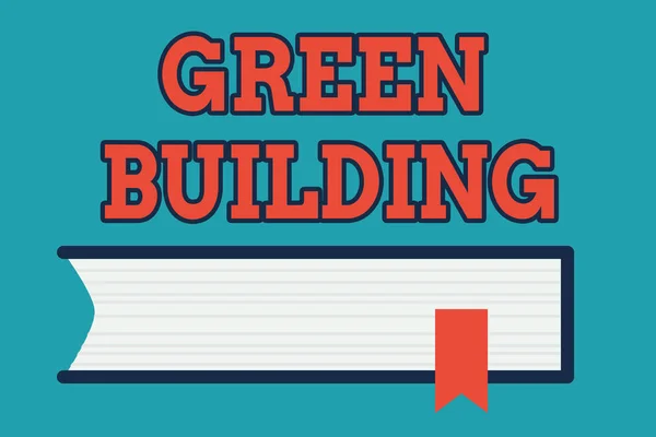 Segno di testo che mostra Green Building. Foto concettuale Una struttura rispettosa dell'ambiente Vista laterale sostenibile di Closed Book on Table Desk con nastro segnalibro rosso isolato . — Foto Stock