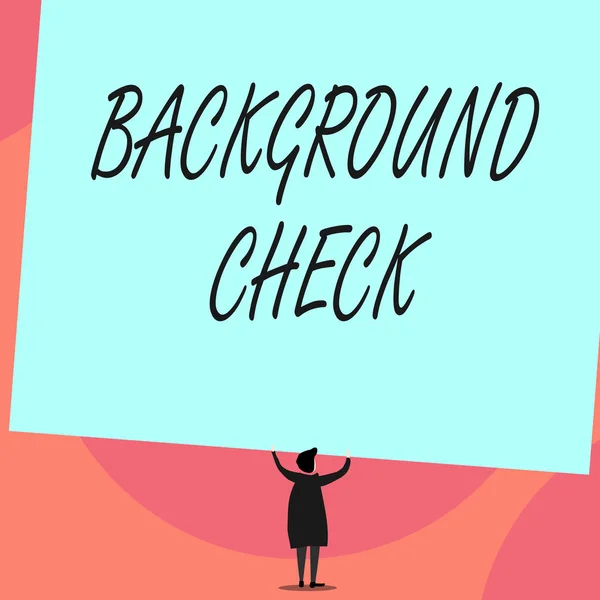 Word writing text Background Check. Business concept for way to discover issues that could affect your business Back view standing short hair woman dress hands up holding blank rectangle. — ストック写真