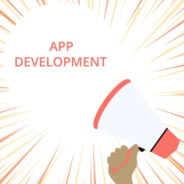 Word σύνταξη κειμένου App Ανάπτυξη. Business concept for Development services for awesome mobile and web experiences Hand Holding Loudhailer Empty Round Speech Ανακοίνωση Μπαλόνι Κείμενο. — Φωτογραφία Αρχείου