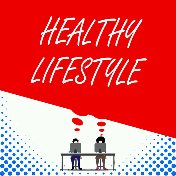 Text sign showing Healthy Lifestyle. Conceptual photo Live Healthy Engage in physical activity and exercise Two men sitting behind desk each one laptop sharing blank thought bubble. — Stock fotografie