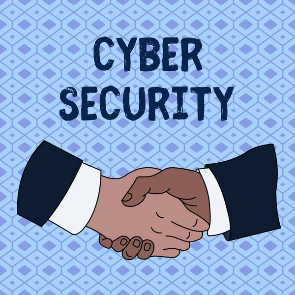 Handskrifts text Cyber Security. Koncept som betyder skydda ett datorsystem mot obehörig åtkomst hand skaka Multirasistiska manliga affärs partners kollegor formell skjorta kostym. — Stockfoto