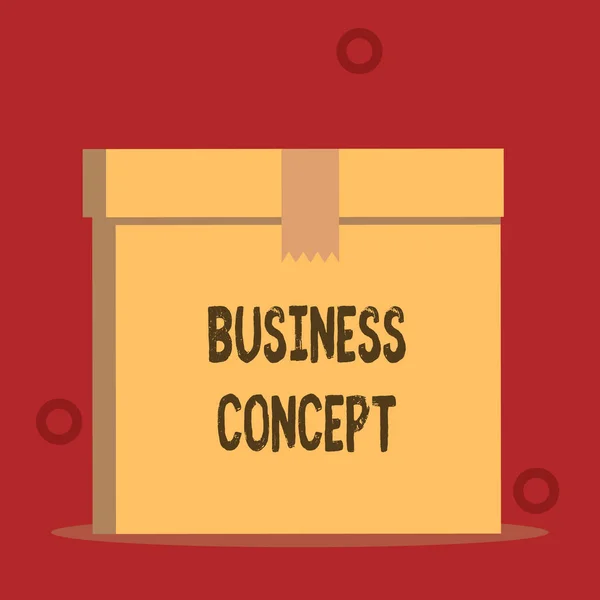 Tekst pisania słów Business Concept. Koncepcja biznesowa dla nowego podejścia do marketingu lub dostarczania produktów Zamknij widok z przodu otwartą brązową tekturę szczelną pokrywę pudełka. Puste tło. — Zdjęcie stockowe