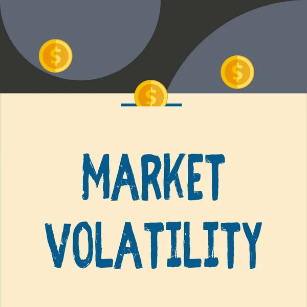 Text sign showing Market Volatility. Conceptual photo Underlying securities prices fluctuates Stability status Front view close up three penny coins icon one entering collecting box slot.