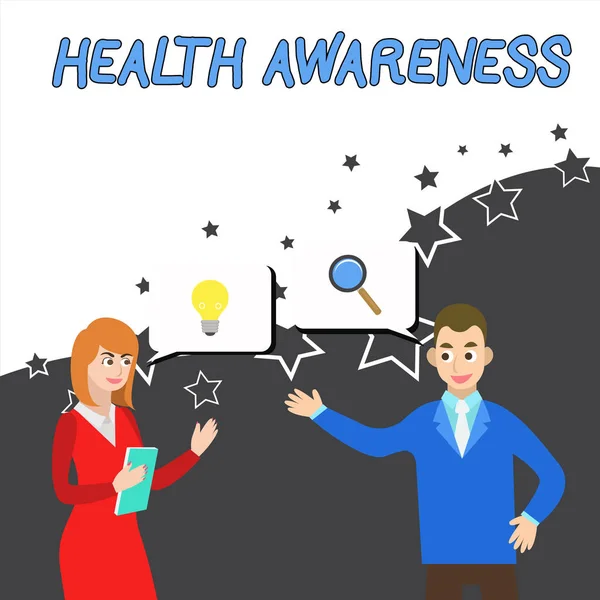 Conceptual hand writing showing Health Awareness. Business photo showcasing Promoting community issues and preventative action Business Partners Colleague Jointly Seeking Problem Solution. — Stock Photo, Image