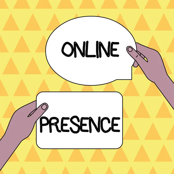 Handwriting text Online Presence. Concept meaning existence of someone that can be found via an online search Two Blank Figured Tablets Signs Held in Hands One Above Other Text Space.