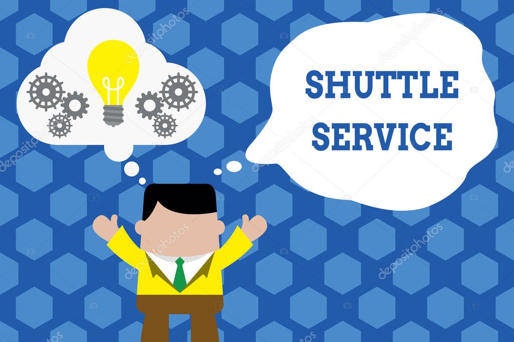 Text sign showing Shuttle Service. Conceptual photo vehicles like buses travel frequently between two places Standing man suit hands up imaginary bubble light bulb gears working together.