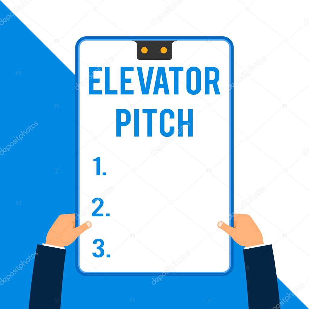 Word writing text Elevator Pitch. Business concept for A persuasive sales pitch Brief speech about the product Two executive male hands holding electronic device geometrical background.