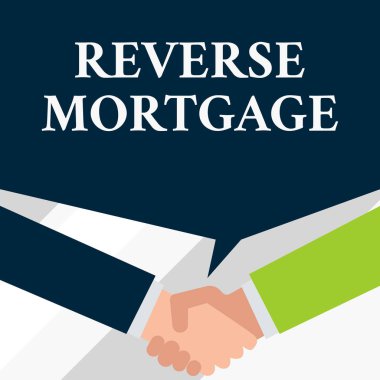 Ters Mortgage gösteren kavramsal el yazısı. Altmışlı ve büyük yaşlılar için iş fotoğraf vitrine kredi iade edilecek İki erkek elleri bir anlaşma paylaşımı konuşma balonu gösteren sallayarak.