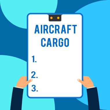Conceptual hand writing showing Aircraft Cargo. Business photo text Freight Carrier Airmail Transport goods through airplane Male hands holding electronic device geometrical background.