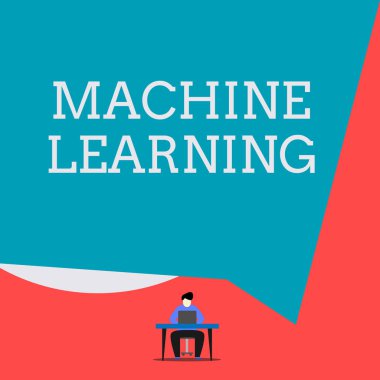 Makine Öğrenme 'yi gösteren bir not yazıyorum. İş fotoğraflarının sergilenmesi bilgisayarlara veri Adam 'ın koltuğunda oturan bilgisayarın geometrik arka planında çalışma olanağı sağlıyor..