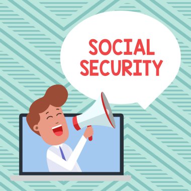 Sosyal Güvenlik gösteren kavramsal el yazısı. İş fotoğraf Loudhailer Bubble Announce içine Laptop aracılığıyla konuşan yetersiz ya da hiçbir gelir ile gösteren devlet yardım vitrine.