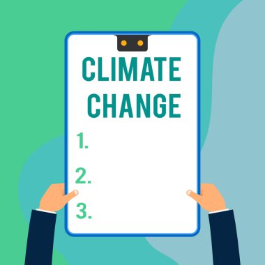 İklim Değişikliğini gösteren kavramsal el yazısı. İş fotoğraf metin Küresel ortalama sıcaklık artış Hava dönüşümü İki yönetici erkek eller elektronik cihaz geometrik arka plan.