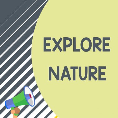 Doğa Keşfi 'ni gösteren bir not yazıyorum. Kırsal kesimin keşfedildiği, vahşi hayatın tadını çıkarılan iş fotoğrafı. Seyircilerle konuşmak için trompet çalan eski tasarım..