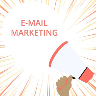 Sözcük yazma E-posta Pazarlama. Ticari Reklamlar için iş konsepti Çevrimiçi Satış bültenleri Destekleyici El Tutucu Sesli Konuşmacı Boş Yuvarlak Metin Balonu Duyurusu.