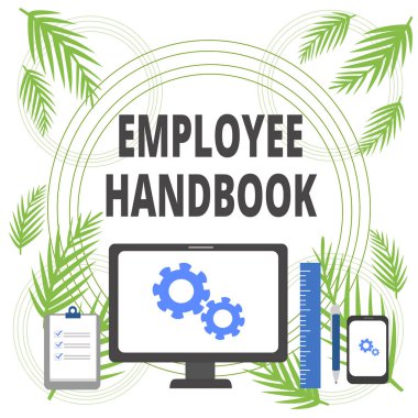 Handwriting text writing Employee Handbook. Concept meaning Document that contains an operating procedures of company Business Concept PC Monitor Mobile Device Clipboard Ruler Ballpoint Pen. clipart