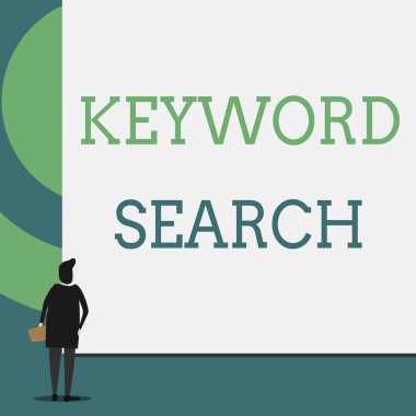 Anahtar Kelime Arama'yı gösteren metin işareti. Kavramsal fotoğraf Onunla ilişkili doğru konu bakmak için kelime veya terim kullanma Geri görünüm genç kadın boş büyük dikdörtgen izliyor. Geometrik arka plan.