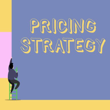 Kelime yazma metni fiyatlandırma stratejisi. İş konsepti, satılan ya da pazarlanan birimler için kârlılığı en üst düzeye çıkarmak için. Arkadan bakan genç adam merdivenleri tırmanıyor ve büyük boş bir dikdörtgen oluşturuyor..