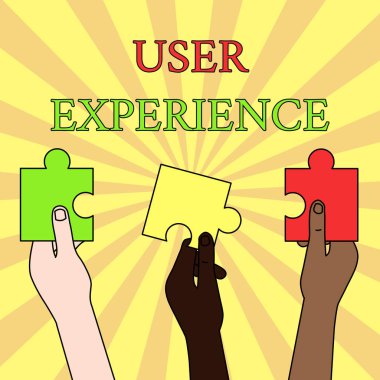 Kullanıcı Deneyimini gösteren bir not yazılıyor. İş fotoğrafı gösterimi, özellikle de web sitesini kullanarak Üç Renkli Boş Yapboz Parçası Kullanmanın ne kadar hoş olduğunu göstermek için Farklı İnsanların Ellerinde Tutulan.