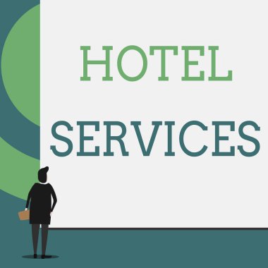 Otel Hizmetlerini gösteren metin işareti. Kavramsal fotoğraf Tesisleri Bir konaklama ve konaklama evi Olanaklar Geri görünüm boş büyük dikdörtgen izlerken genç kadın. Geometrik arka plan.