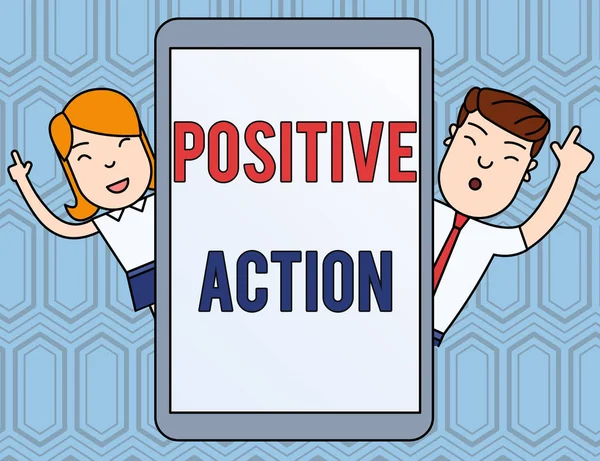 Text sign showing Positive Action. Conceptual photo doing good attitude against certain situation Fine reaction Male and Female Index Fingers Up Touch Screen Tablet Smartphone Device.