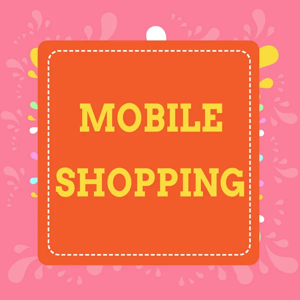 Writing note showing Mobile Shopping. Business photo showcasing Buying and selling of goods and services through mobile Dashed Stipple Line Blank Square Colored Cutout Frame Bright Background.