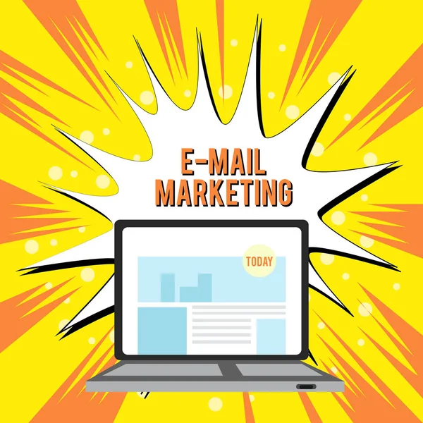 E Mail Marketing'i gösteren metin işareti. Kavramsal fotoğraf Ecommerce Reklam Online satış Bültenleri Promosyon Açık Modern Laptop Ekran Web Arama Web Sayfası Web Sitesi Ana Sayfası ile Açık. — Stok fotoğraf