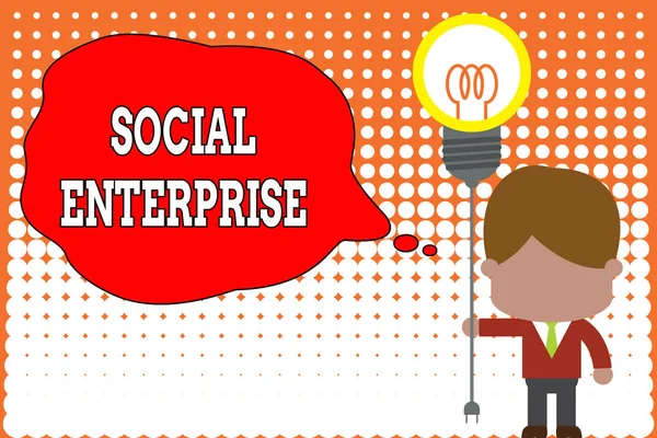 Handwriting text writing Social Enterprise. Concept meaning Business that makes money in a socially responsible way Standing man tie holding plug socket light bulb to connect idea. Startup.