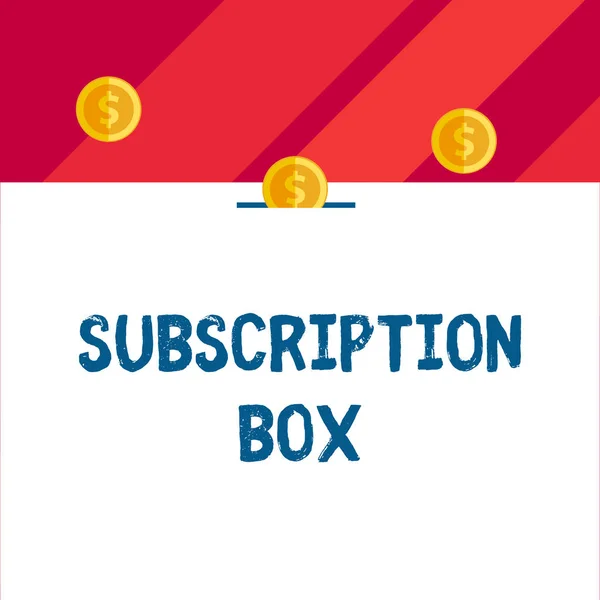 Writing note showing Subscription Box. Business photo showcasing button if you clicked on will get news or videos about site Front view three penny coins icon one entering collecting box slot.