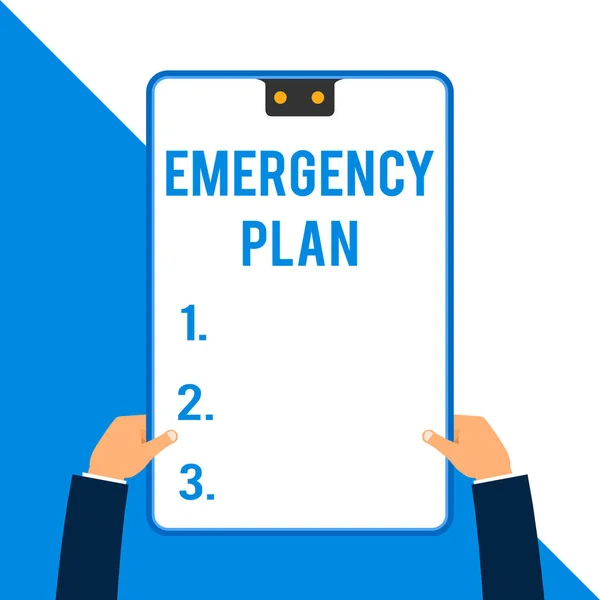 Word writing text Emergency Plan. Business concept for Procedures for response to major emergencies Be prepared Two executive male hands holding electronic device geometrical background. — Stock Photo, Image