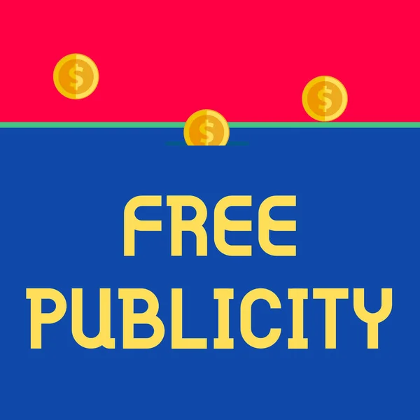 Word writing text Free Publicity. Business concept for Promotional marketing Mass media Public Relations Editorial Front view close up three penny coins icon one entering collecting box slot. — ストック写真