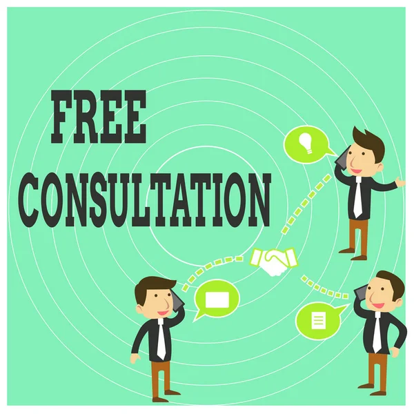 Conceptual hand writing showing Free Consultation. Business photo text Giving medical and legal discussions without pay Businessmen Coworker Conference Call Discussion Mobile Phone.