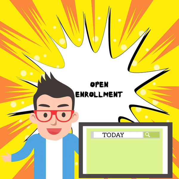 Handwriting text writing Open Enrollment. Concept meaning The yearly period when showing can enroll an insurance Male Speaker Monitor with Search Tool on Screen Presentation or Report. — Stok fotoğraf